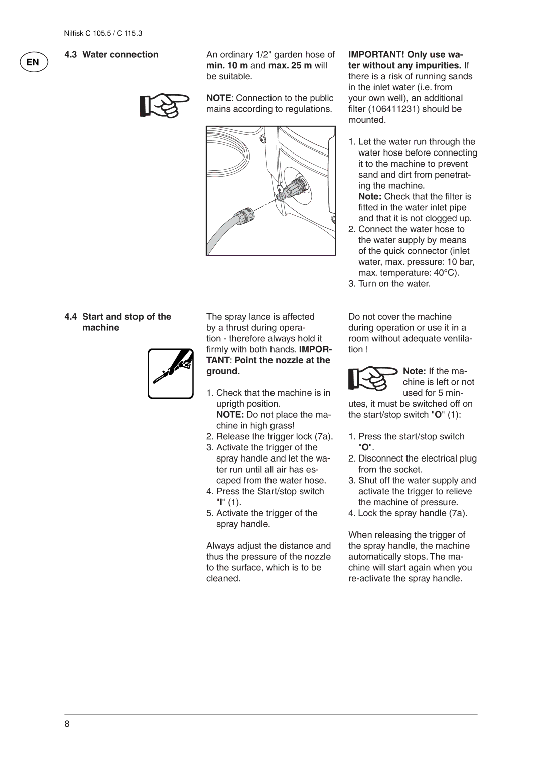 Nilfisk-ALTO C 115.3, C 105.5 user manual Min m and max m will, Ground 