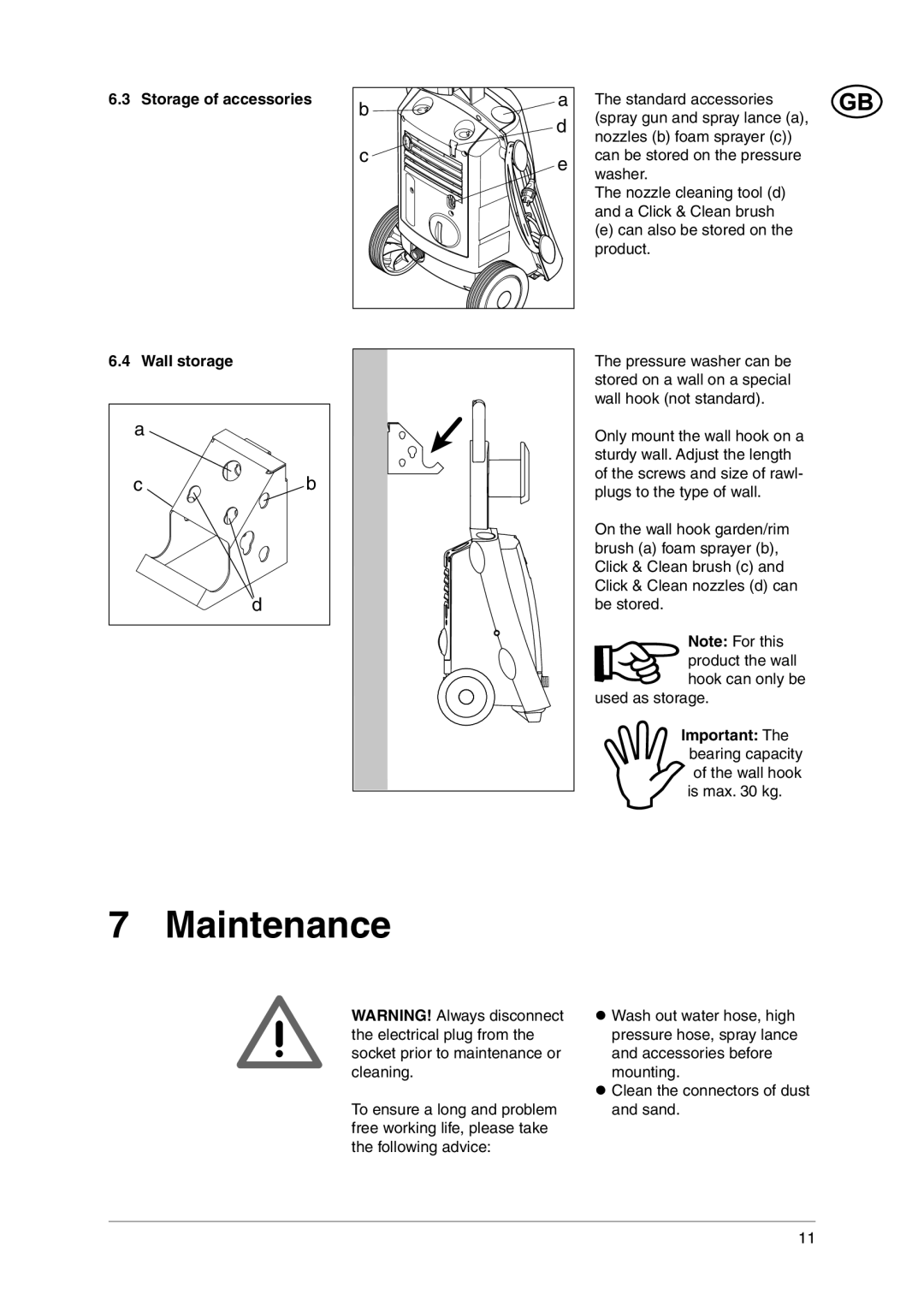 Nilfisk-ALTO C 120.1 user manual Maintenance, Storage of accessories, Wall storage 