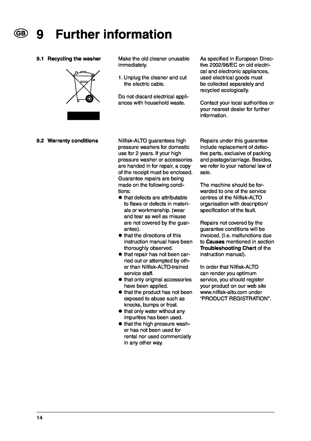 Nilfisk-ALTO C 120.1 user manual Further information, Warranty conditions 