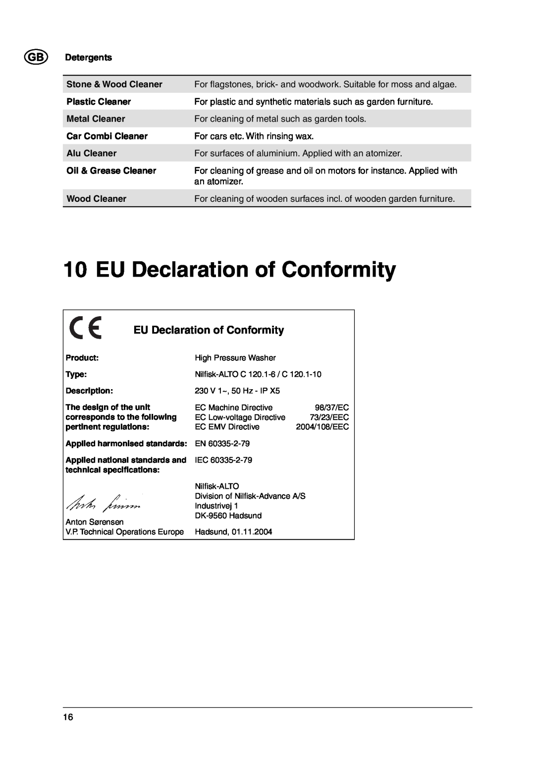 Nilfisk-ALTO C 120.1 EU Declaration of Conformity, Detergents, Stone & Wood Cleaner, Plastic Cleaner, Metal Cleaner, Type 