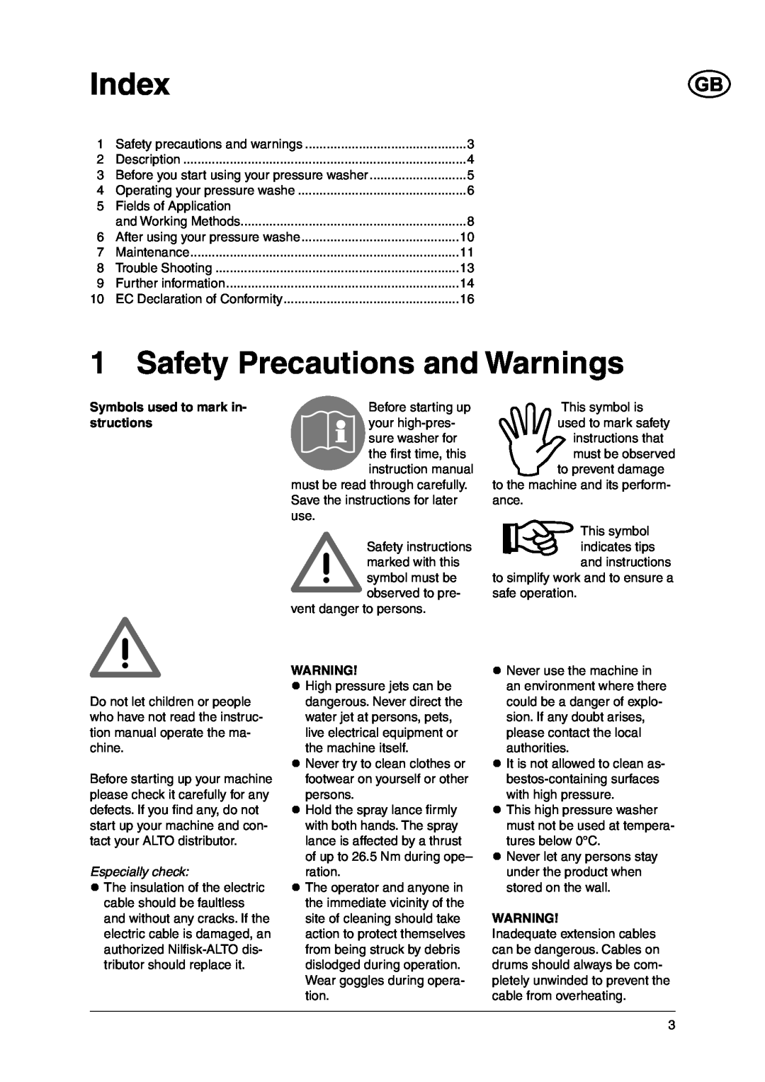 Nilfisk-ALTO C 120.1 Index, Safety Precautions and Warnings, Symbols used to mark in- structions, Especially check 