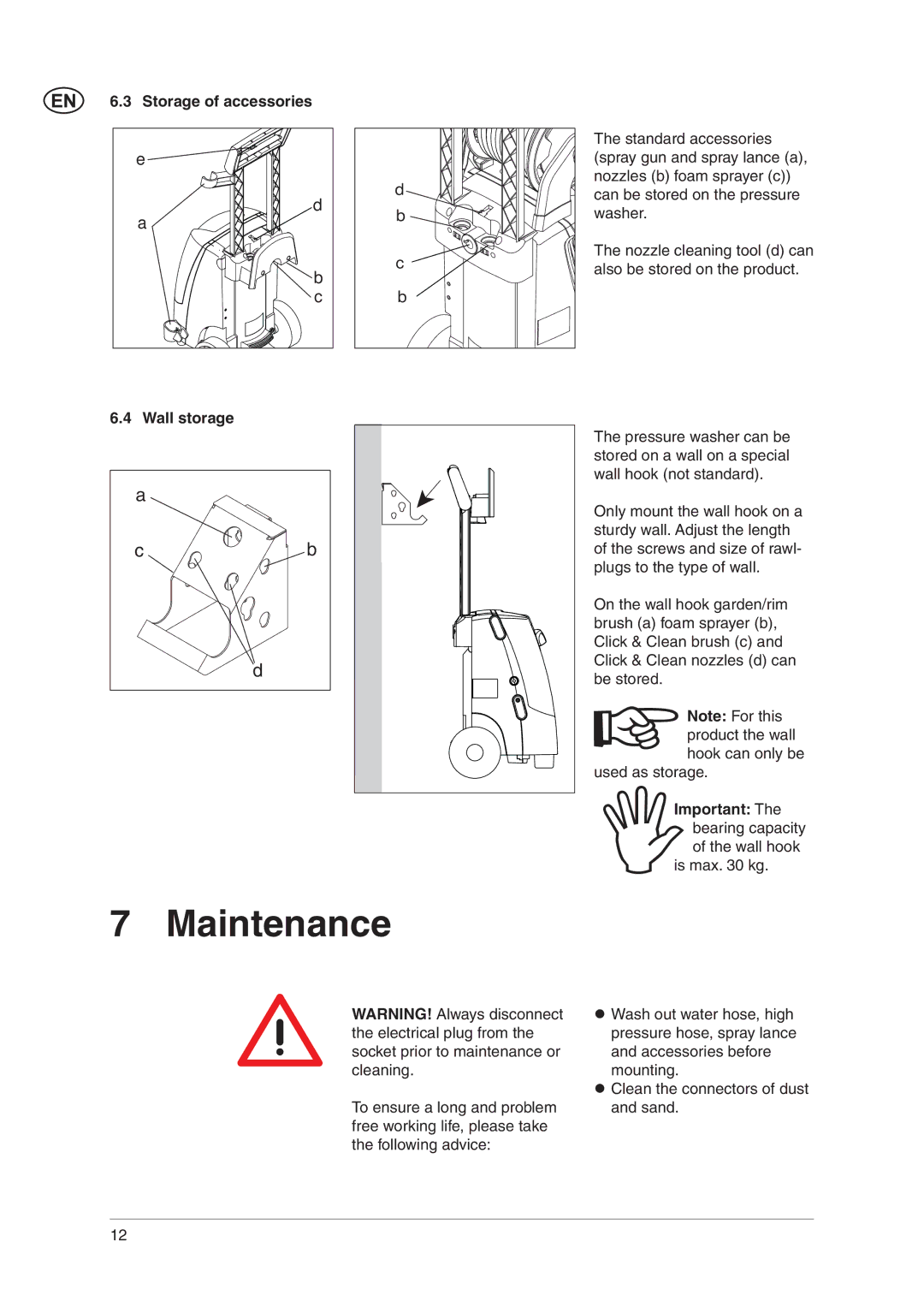 Nilfisk-ALTO C 120.4 user manual Maintenance, Storage of accessories, Wall storage 