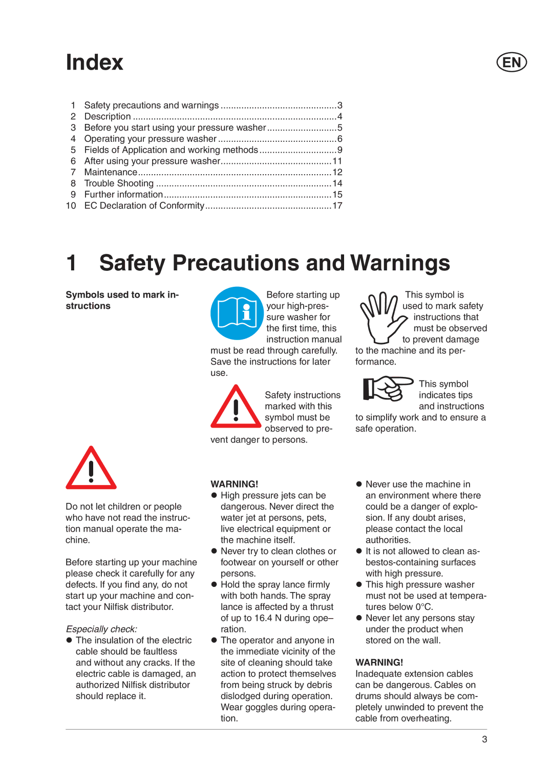 Nilfisk-ALTO C 120.4 user manual Index, Safety Precautions and Warnings, Symbols used to mark in- structions 