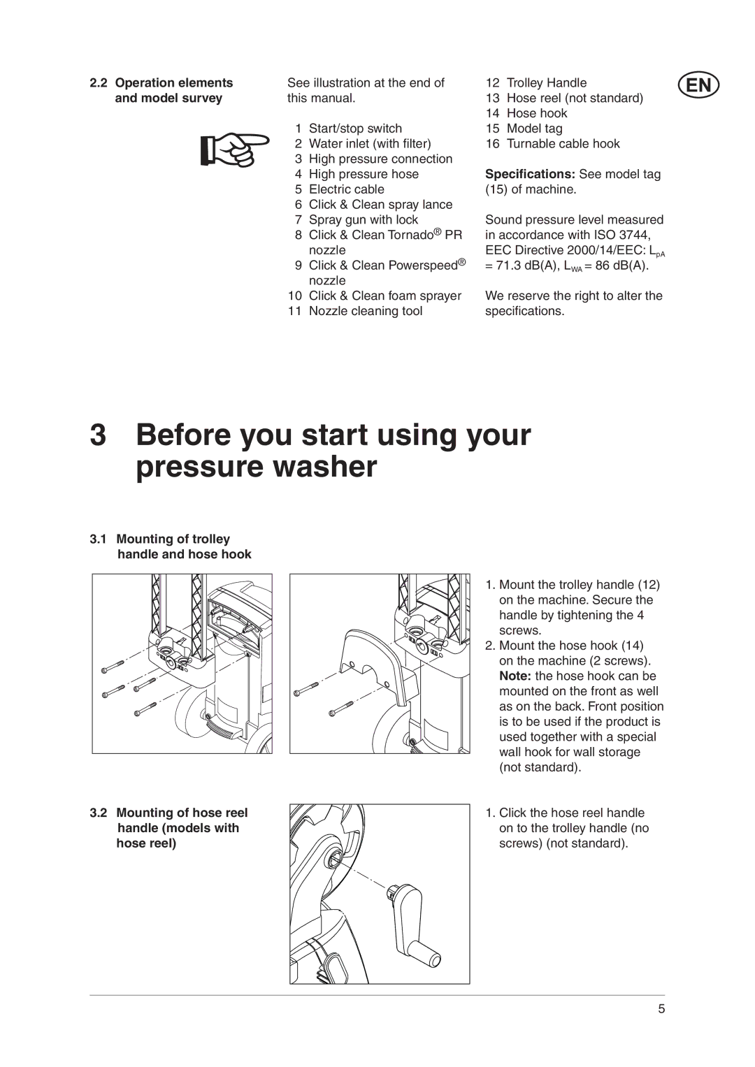 Nilfisk-ALTO C 120.4 user manual Before you start using your pressure washer, Operation elements, Model survey 