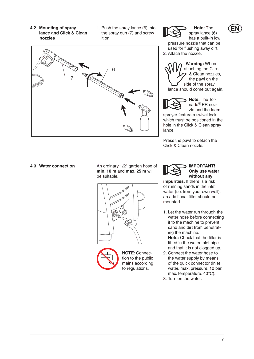 Nilfisk-ALTO C 120.4 user manual Water connection, Min m and max m will, IMPORTANT! Only use water without any 