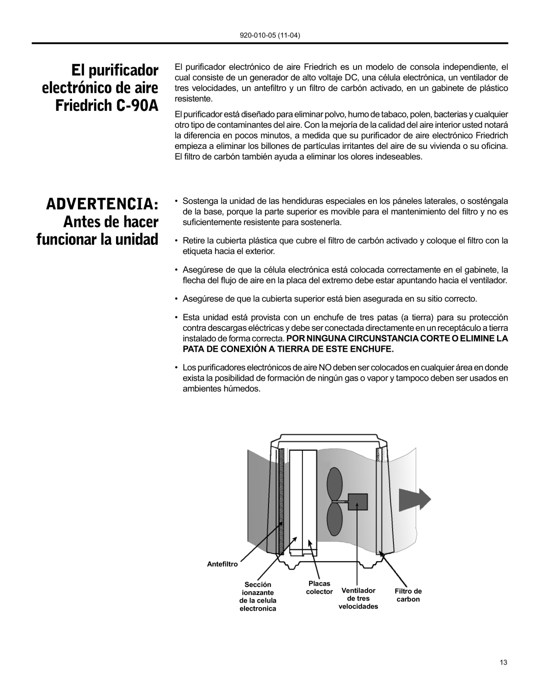 Nilfisk-ALTO manual El purificador electrónico de aire Friedrich C-90A, Advertencia Antes de hacer funcionar la unidad 