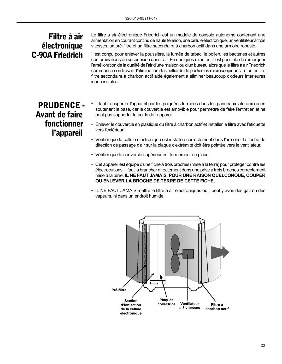 Nilfisk-ALTO manual Prudence Avant de faire fonctionner l’appareil, Filtre à air électronique C-90A Friedrich 