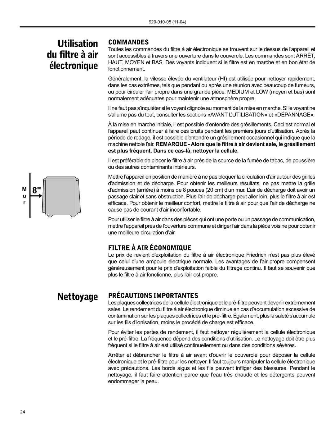 Nilfisk-ALTO C-90A manual Commandes, Filtre À AIR Économique, Nettoyage Précautions Importantes 