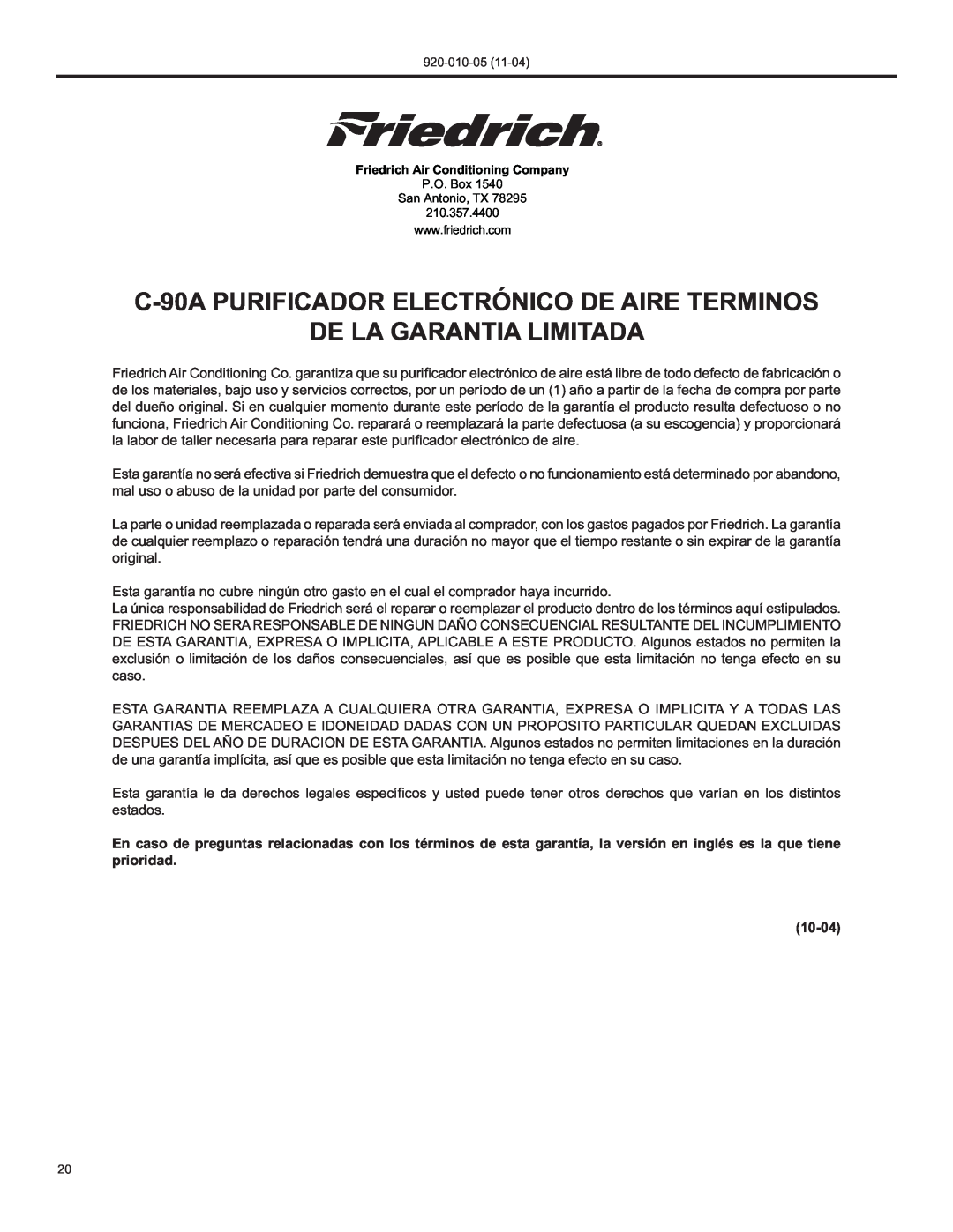 Nilfisk-ALTO manual C-90APURIFICADOR ELECTRÓNICO DE AIRE TERMINOS, De La Garantia Limitada, 10-04 