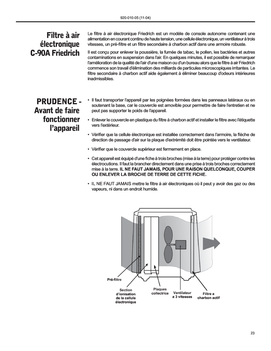 Nilfisk-ALTO manual PRUDENCE - Avant de faire fonctionner l’appareil, Filtre à air électronique C-90AFriedrich 