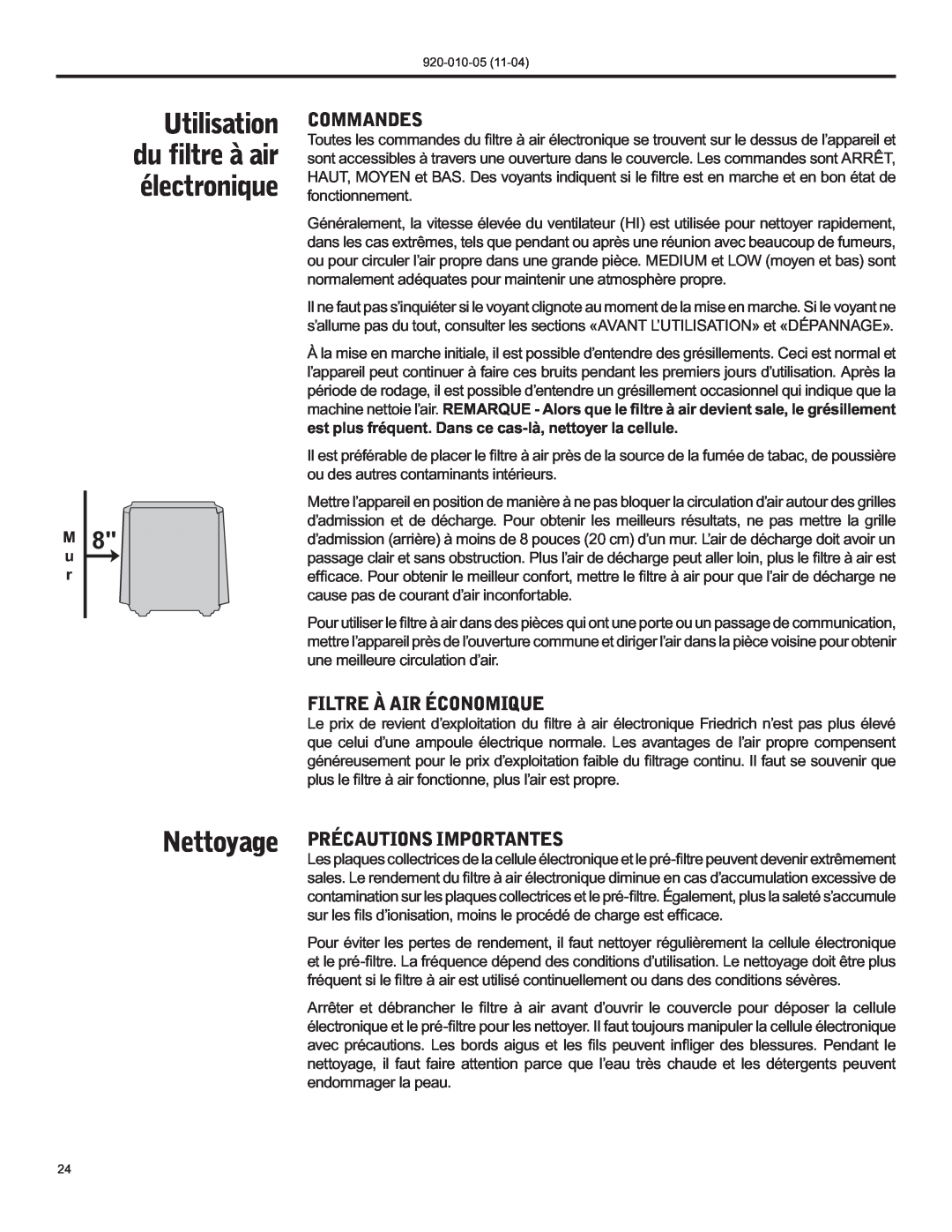 Nilfisk-ALTO C-90A manual Utilisation du filtre à air électronique, Commandes, Filtre À Air Économique, M u r 