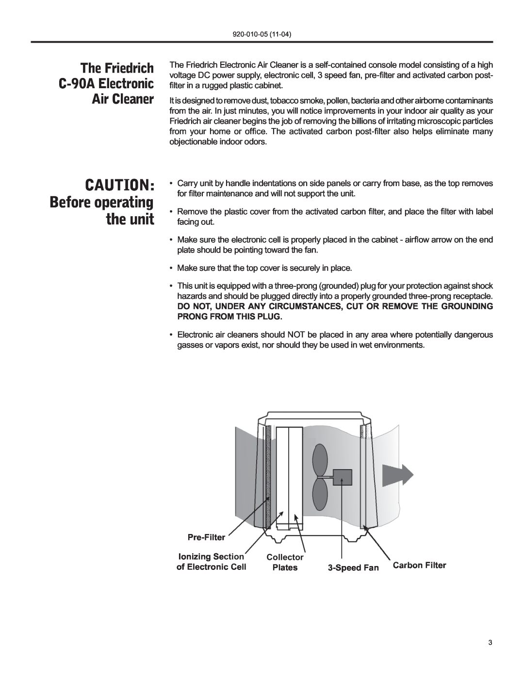 Nilfisk-ALTO manual The Friedrich C-90AElectronic Air Cleaner, CAUTION Before operating the unit, Pre-Filter, Collector 