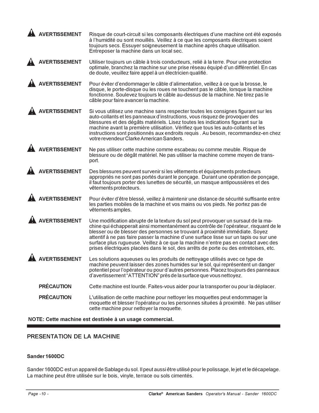 Nilfisk-ALTO C.A.V. 15 manual Presentation DE LA Machine, Avertissement Précaution 