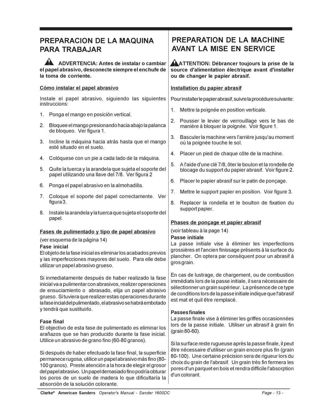 Nilfisk-ALTO C.A.V. 15 manual Fases de pulimentado y tipo de papel abrasivo, Fase inicial, Fase final, Passe initiale 