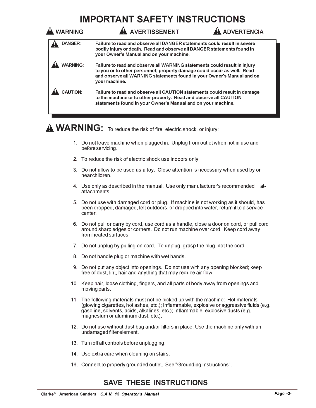 Nilfisk-ALTO C.A.V. 15 manual Important Safety Instructions, Avertissement Advertencia 