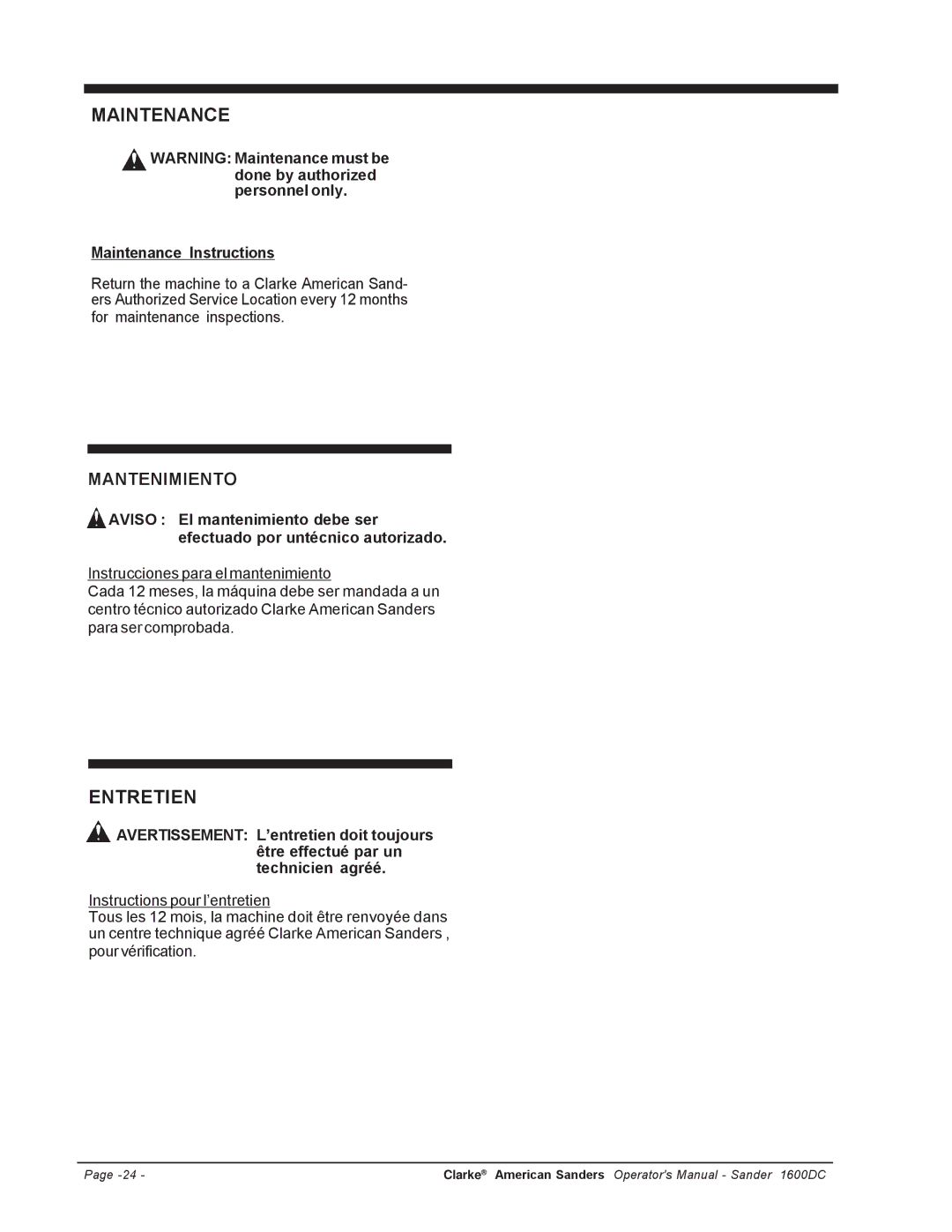 Nilfisk-ALTO C.A.V. 15 manual Mantenimiento, Maintenance Instructions 