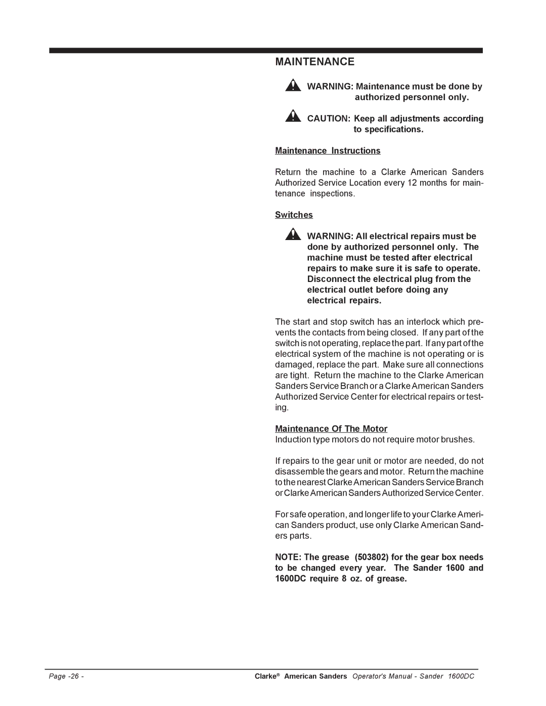 Nilfisk-ALTO C.A.V. 15 manual Switches, Maintenance Of The Motor 