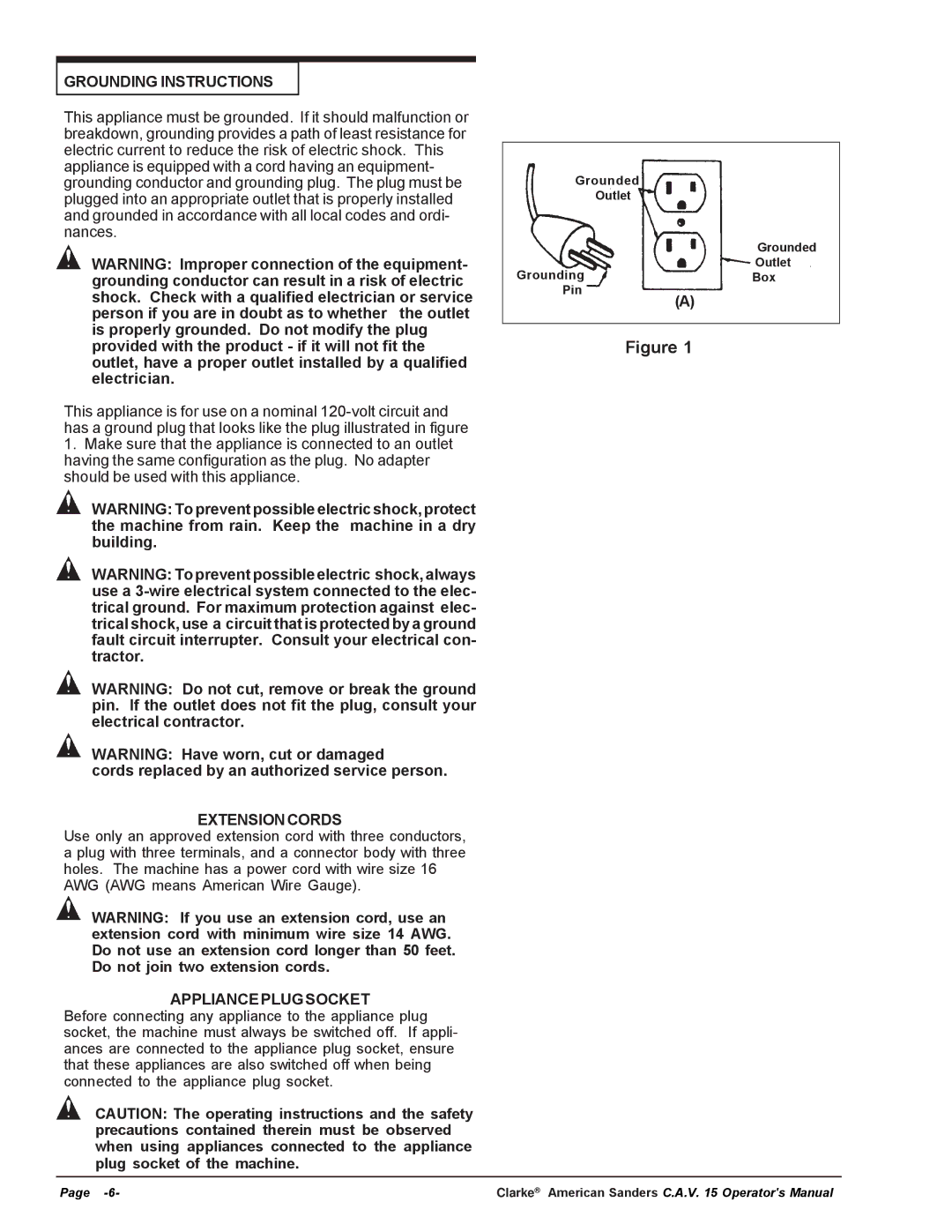 Nilfisk-ALTO C.A.V. 15 manual Grounding Instructions, Cords replaced by an authorized service person, Extensioncords 