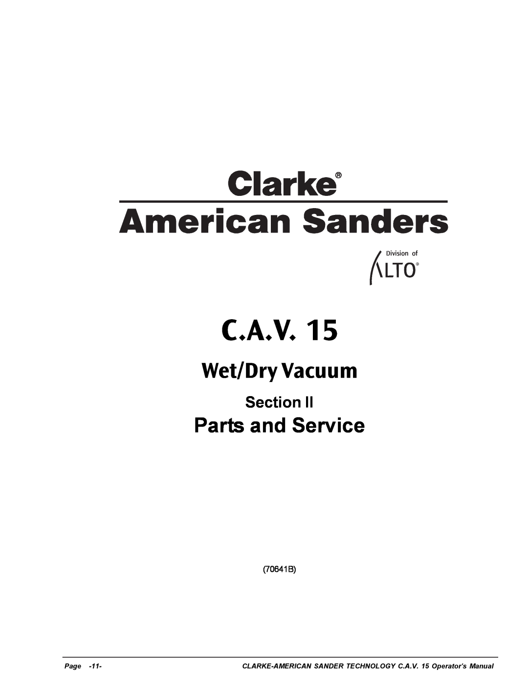Nilfisk-ALTO C.A.V. 15 manual Parts and Service, Section, Wet/Dry Vacuum, 70641B, Clarke, American Sanders, Page 