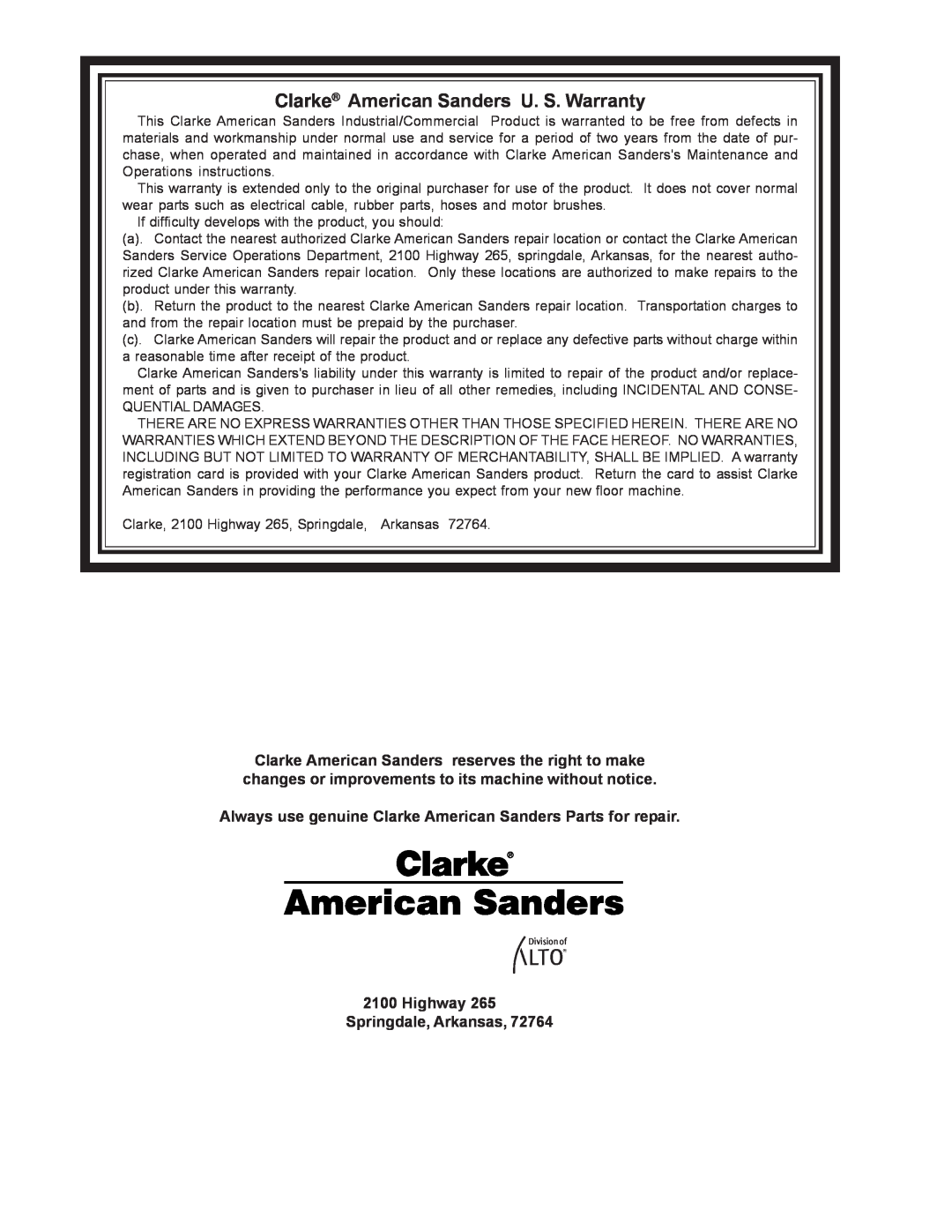 Nilfisk-ALTO C.A.V. 15 manual Clarke American Sanders U. S. Warranty 