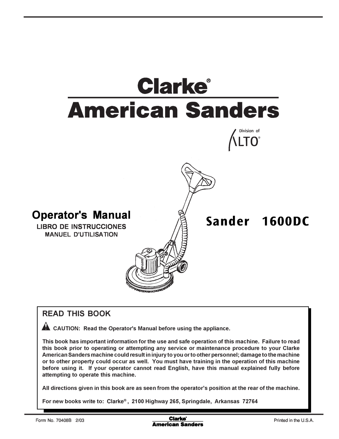 Nilfisk-ALTO C.A.V. 15 manual Sander 1600DC, Libro De Instrucciones, Operators Manual, Read This Book, Manuel D’Utilisation 