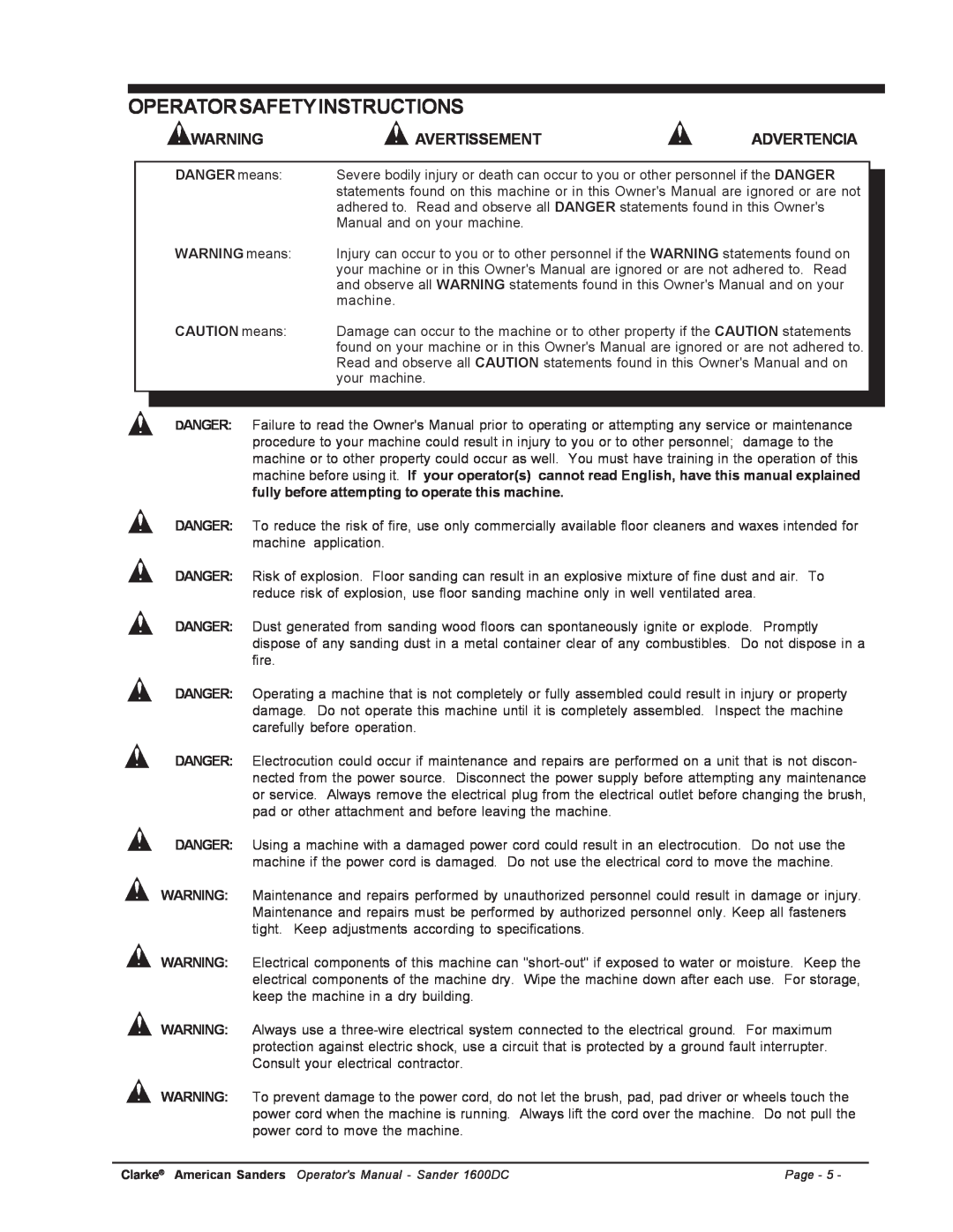 Nilfisk-ALTO C.A.V. 15 manual Operatorsafetyinstructions, Avertissement, Advertencia 
