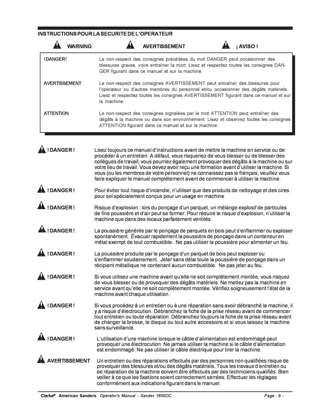 Nilfisk-ALTO C.A.V. 15 manual Instructions Pour La Securite De L’Operateur, Avertissement, ¡ Aviso, Danger 