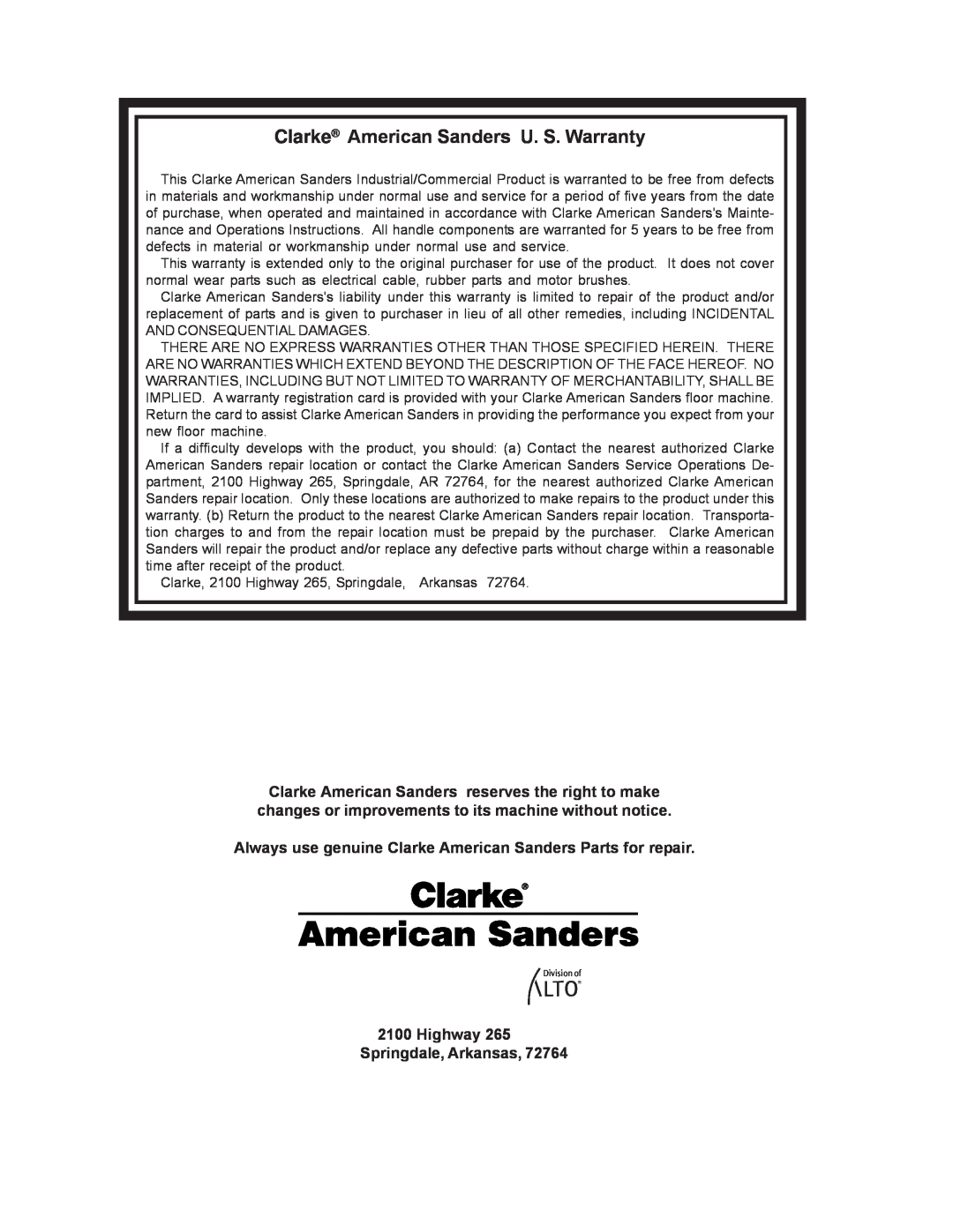 Nilfisk-ALTO C.A.V. 15 manual Clarke American Sanders U. S. Warranty, Highway 265 Springdale, Arkansas 
