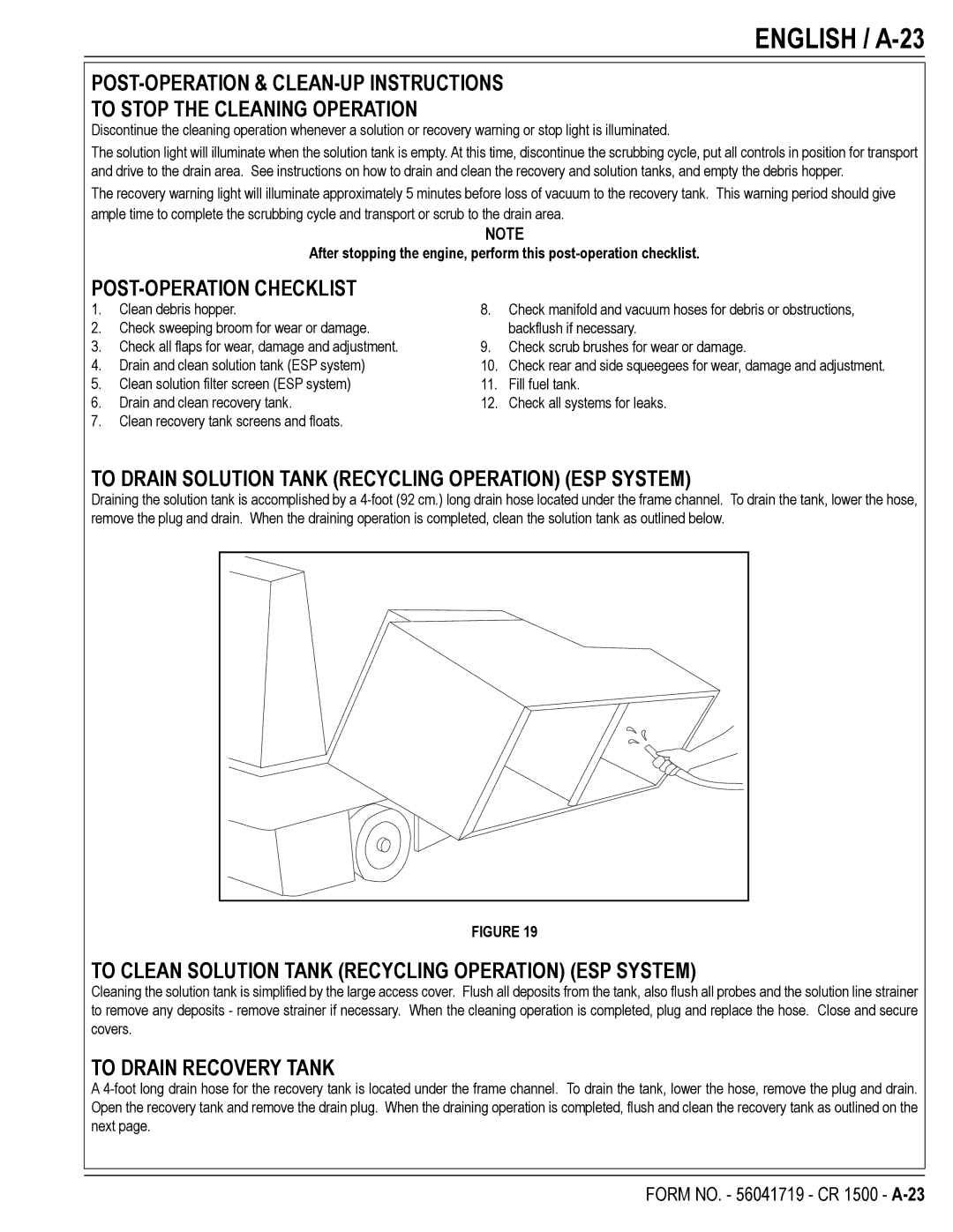 Nilfisk-ALTO CR 1500 manual English / A-23, POST-OPERATION Checklist, To Drain Solution Tank Recycling Operation ESP System 