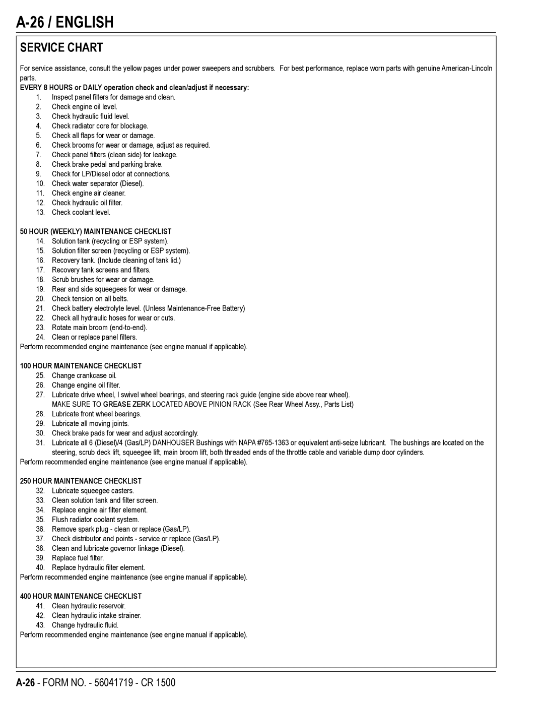 Nilfisk-ALTO CR 1500 manual 26 / English, Service Chart 