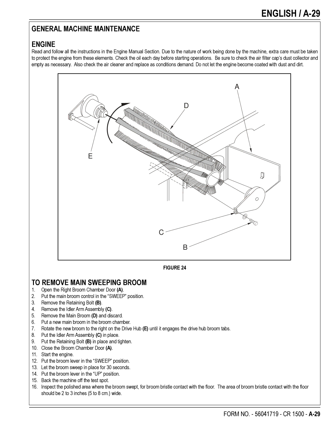 Nilfisk-ALTO CR 1500 manual English / A-29, General Machine Maintenance Engine, To Remove Main Sweeping Broom 