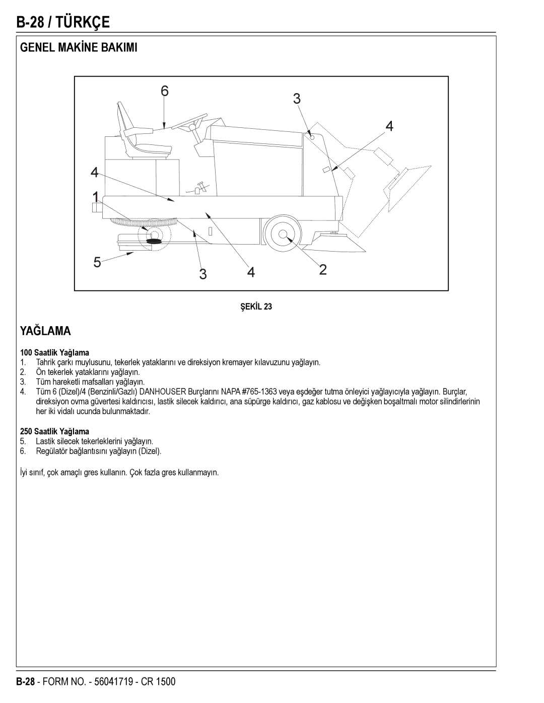 Nilfisk-ALTO CR 1500 manual 28 / Türkçe, Genel Makİne Bakimi, Saatlik Yağlama 