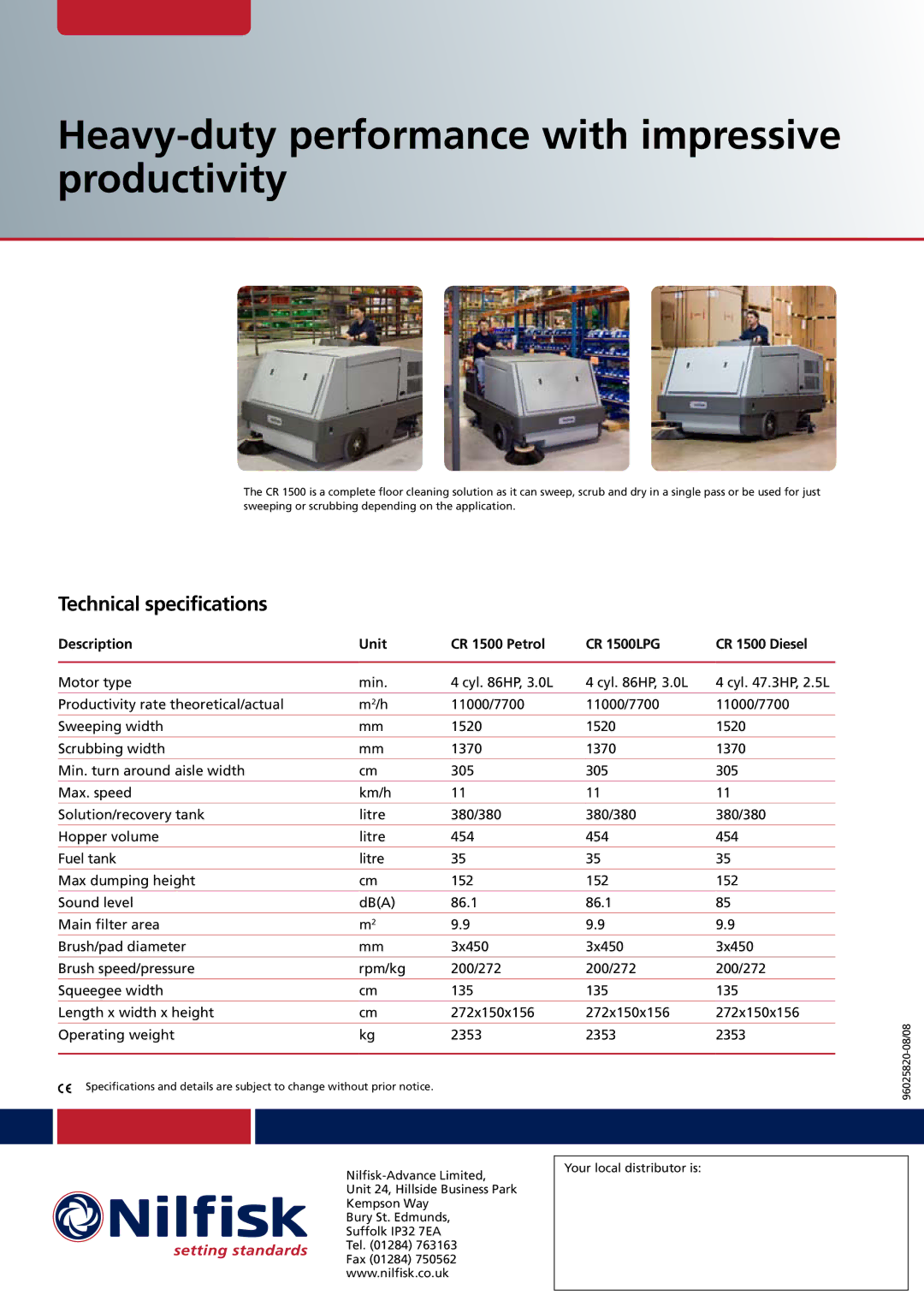 Nilfisk-ALTO CR 1500 Diesel, CR 1500LPG technical specifications Heavy-duty performance with impressive productivity 