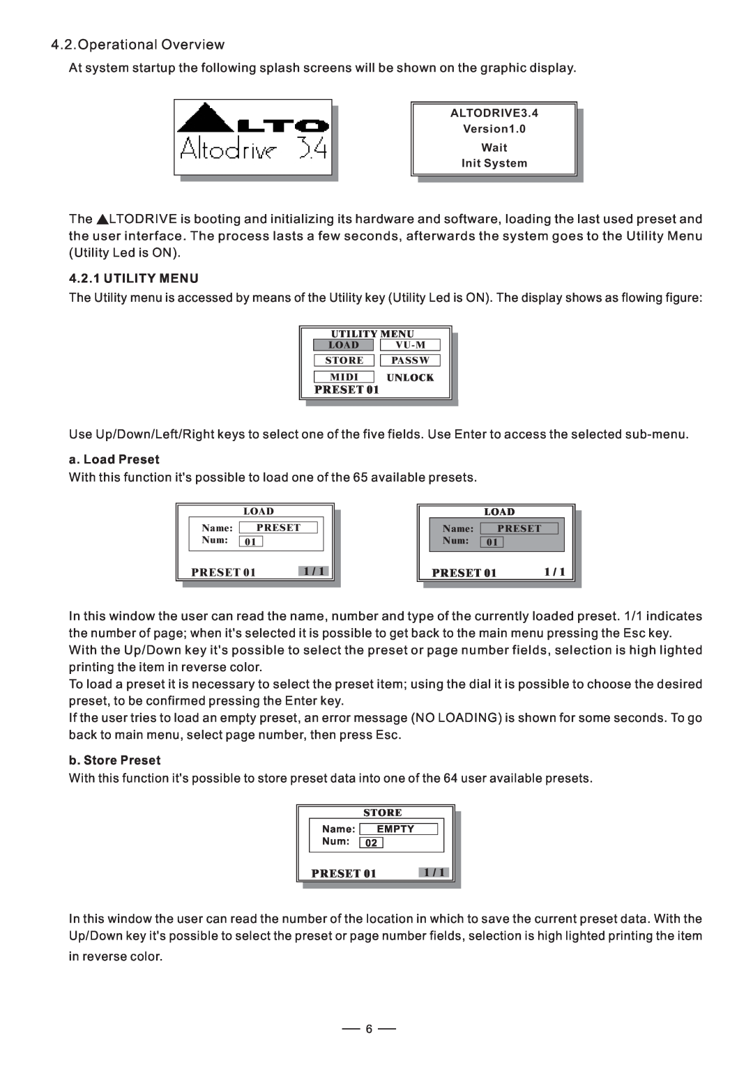 Nilfisk-ALTO DIGITAL X OVER user manual Operational Overview, Utility Menu, a. Load Preset, b. Store Preset 
