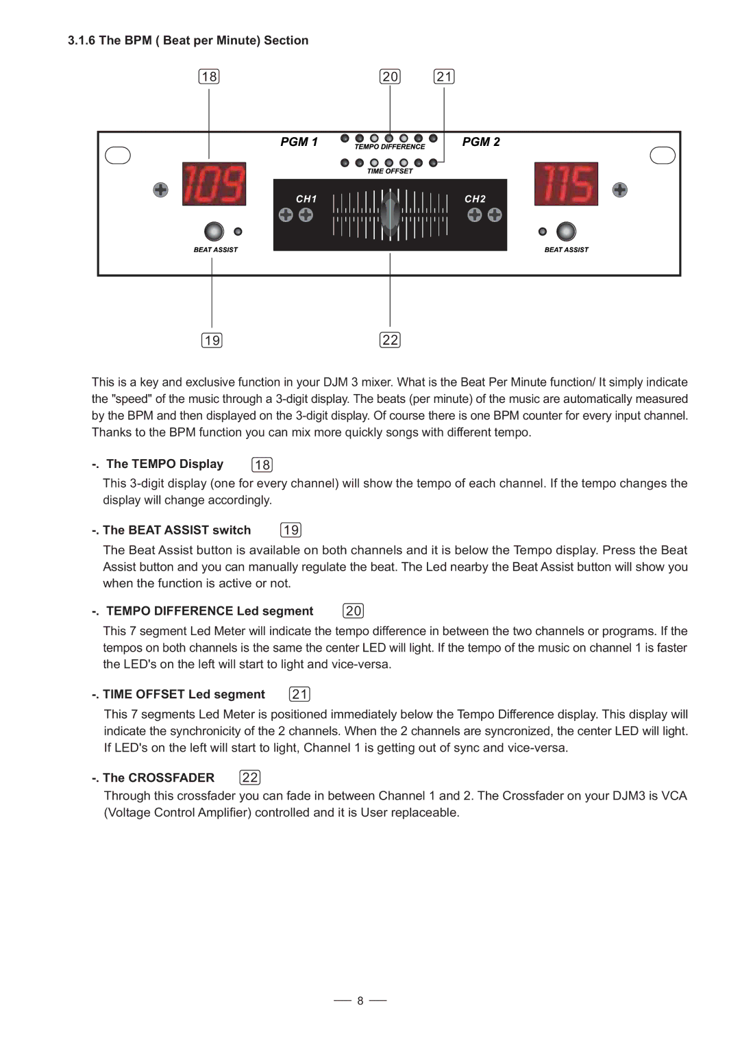 Nilfisk-ALTO DJM-3 Tempo Display, Beat Assist switch, Tempo Difference Led segment, Time Offset Led segment, Crossfader 