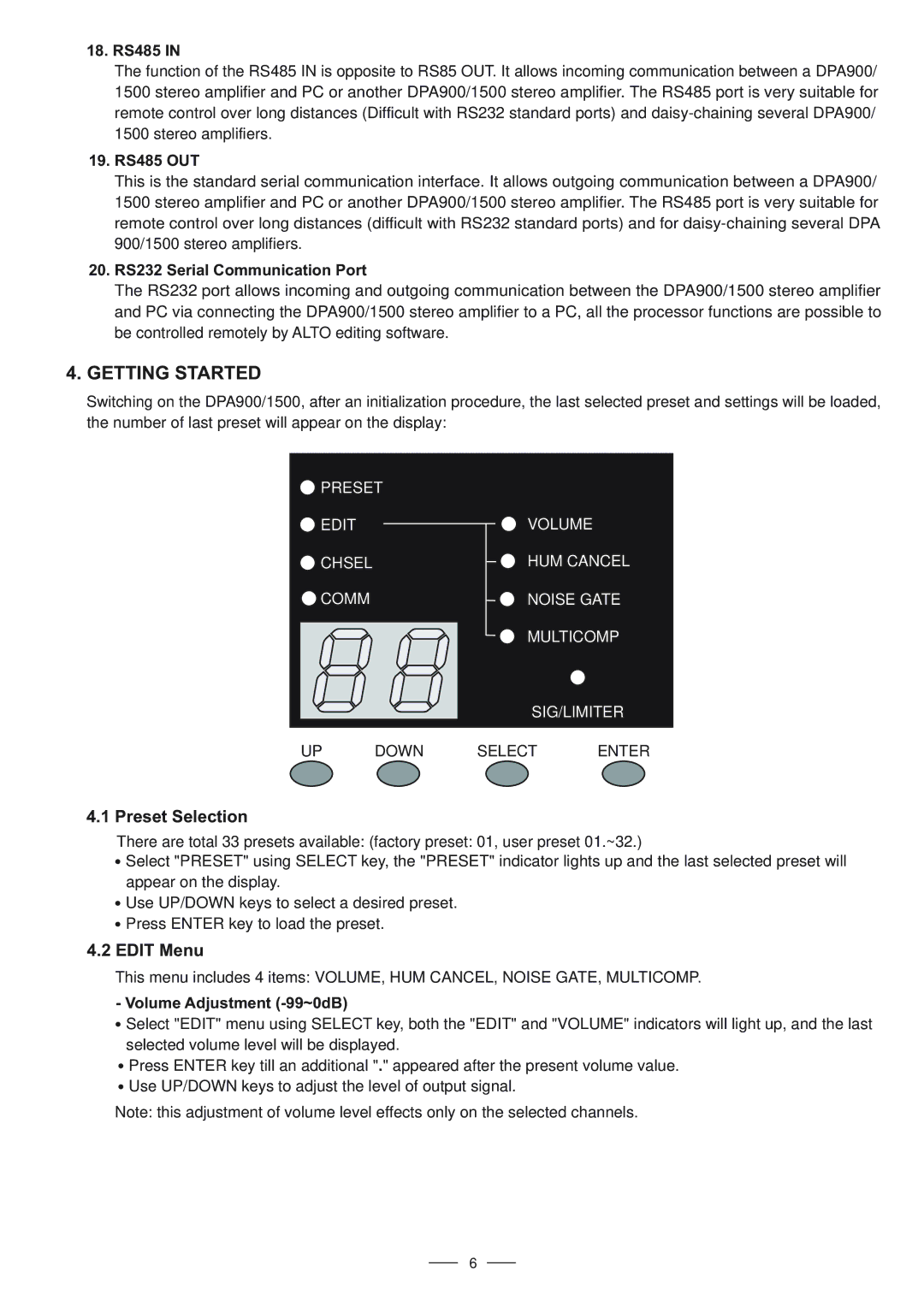 Nilfisk-ALTO DPA900/1500 user manual Getting Started, Preset Selection, Edit Menu 