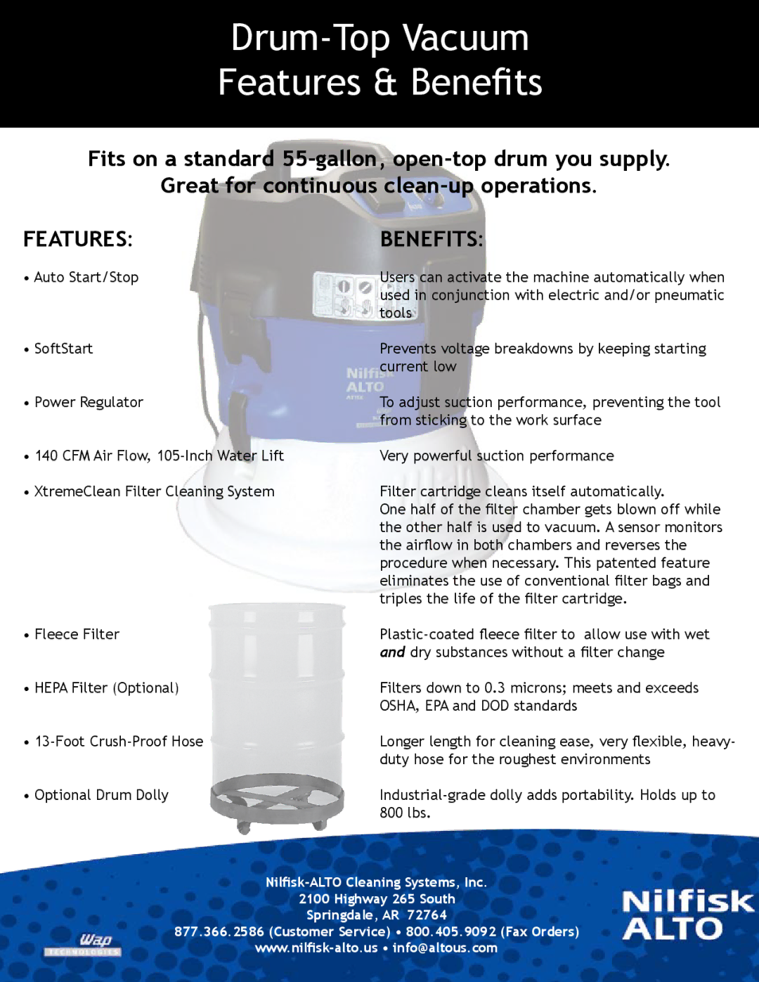 Nilfisk-ALTO Drum Top Vacuum manual Drum-Top Vacuum Features & Benefits, Features Benefits 