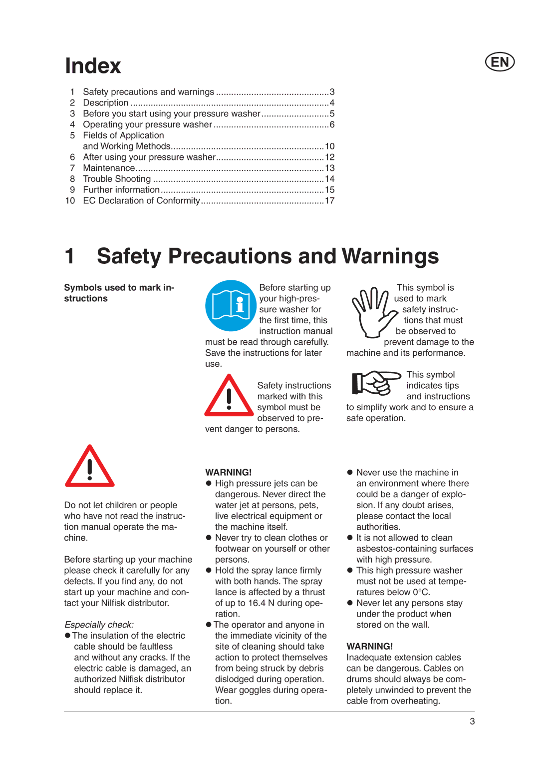 Nilfisk-ALTO E 130.2 user manual Index, Safety Precautions and Warnings, Symbols used to mark in- structions 