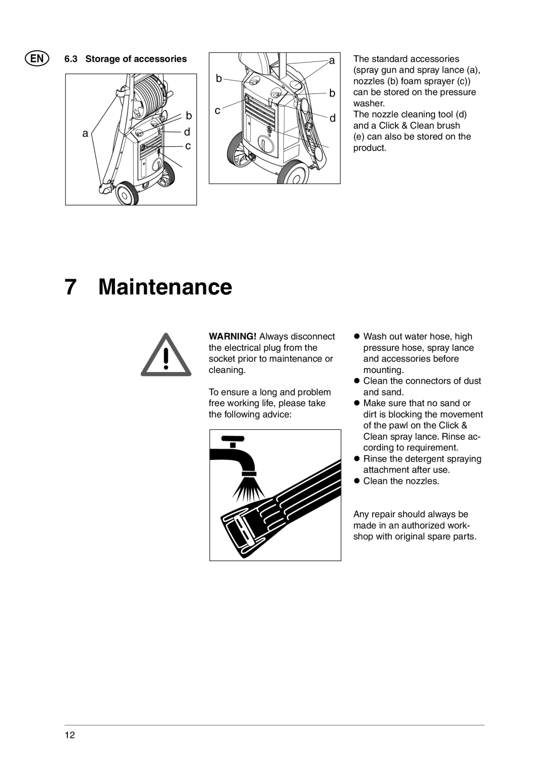 Nilfisk-ALTO E 140.1, E 130.1 user manual Maintenance, EN 6.3 Storage of accessories 