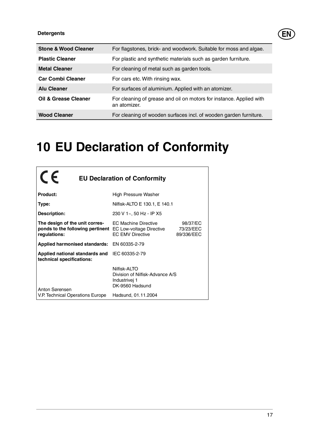 Nilfisk-ALTO E 130.1, E 140.1 user manual EU Declaration of Conformity 