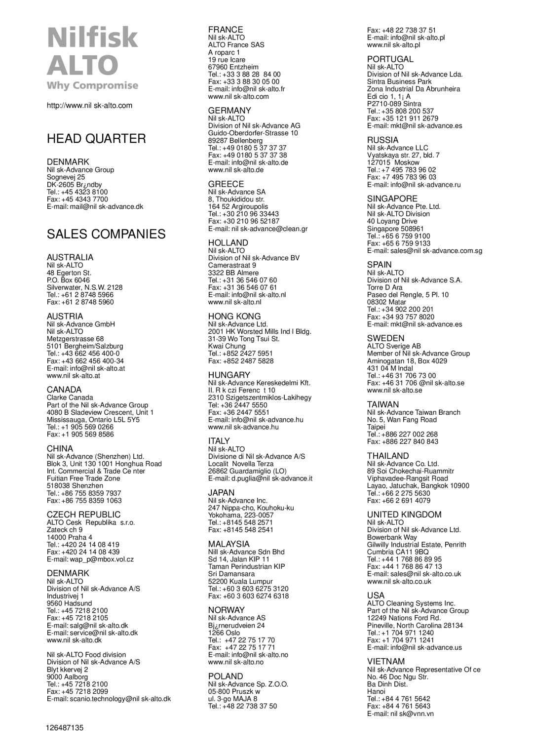 Nilfisk-ALTO E 130.1, E 140.1 user manual Head Quarter 