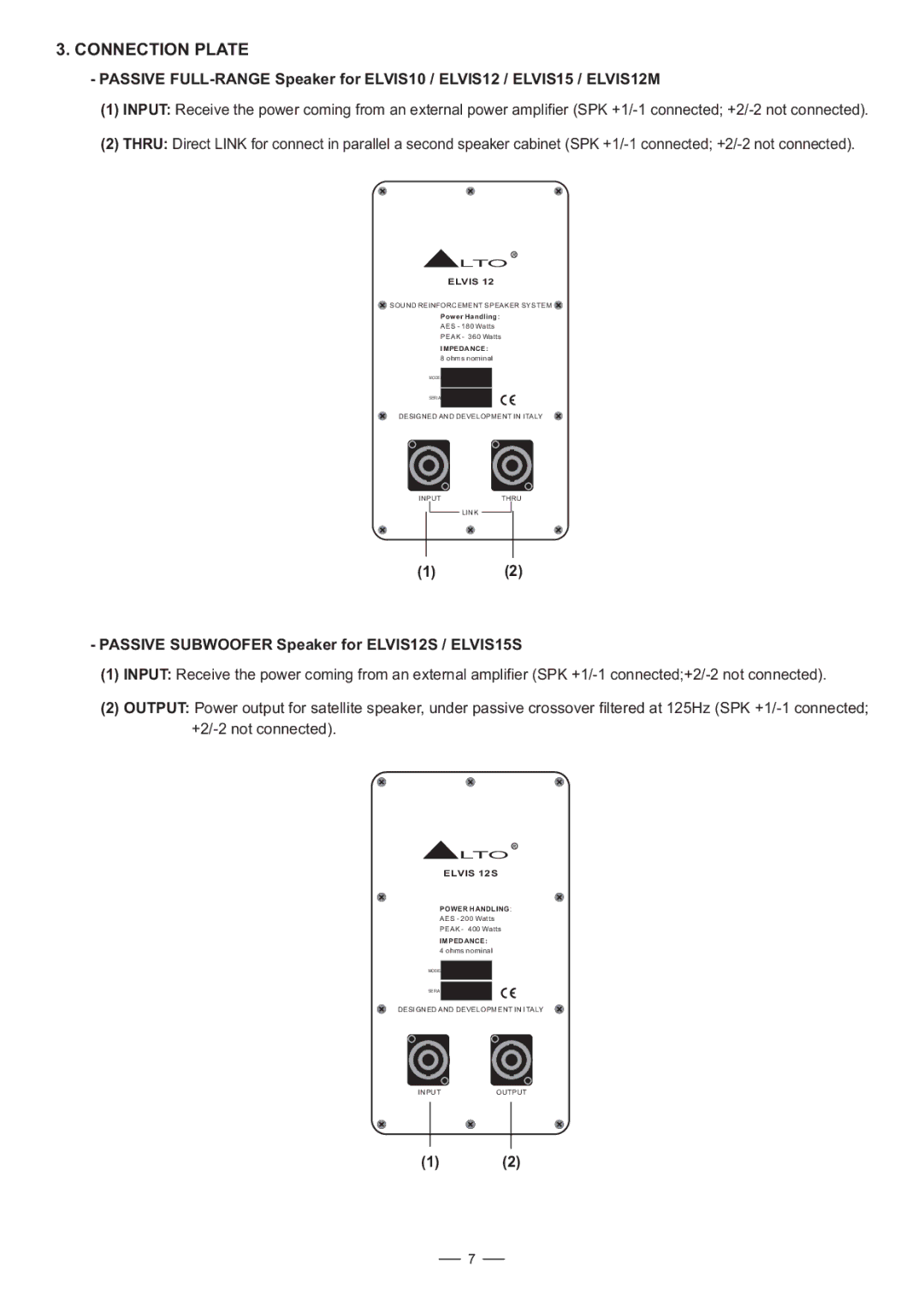 Nilfisk-ALTO Elvis Series user manual Connection Plate, Passive Subwoofer Speaker for ELVIS12S / ELVIS15S 