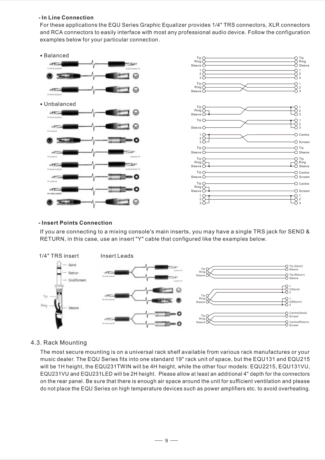 Nilfisk-ALTO EQU user manual Rack Mounting, Line Connection, Unbalanced, Insert Points Connection 