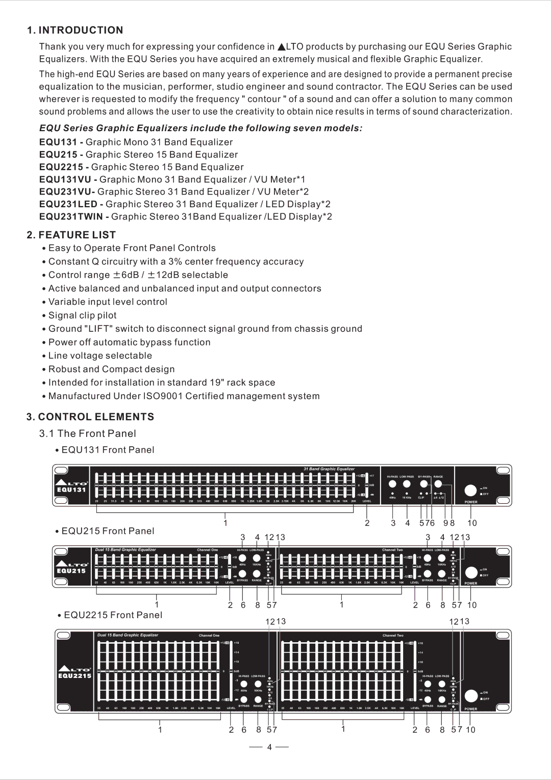 Nilfisk-ALTO user manual Introduction, Feature List, Control Elements, EQU131 Front Panel 