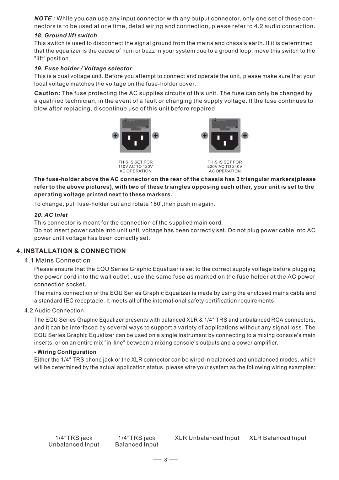 Nilfisk-ALTO EQU Installation & Connection, Mains Connection, Ground lift switch, Fuse holder / Voltage selector, AC Inlet 