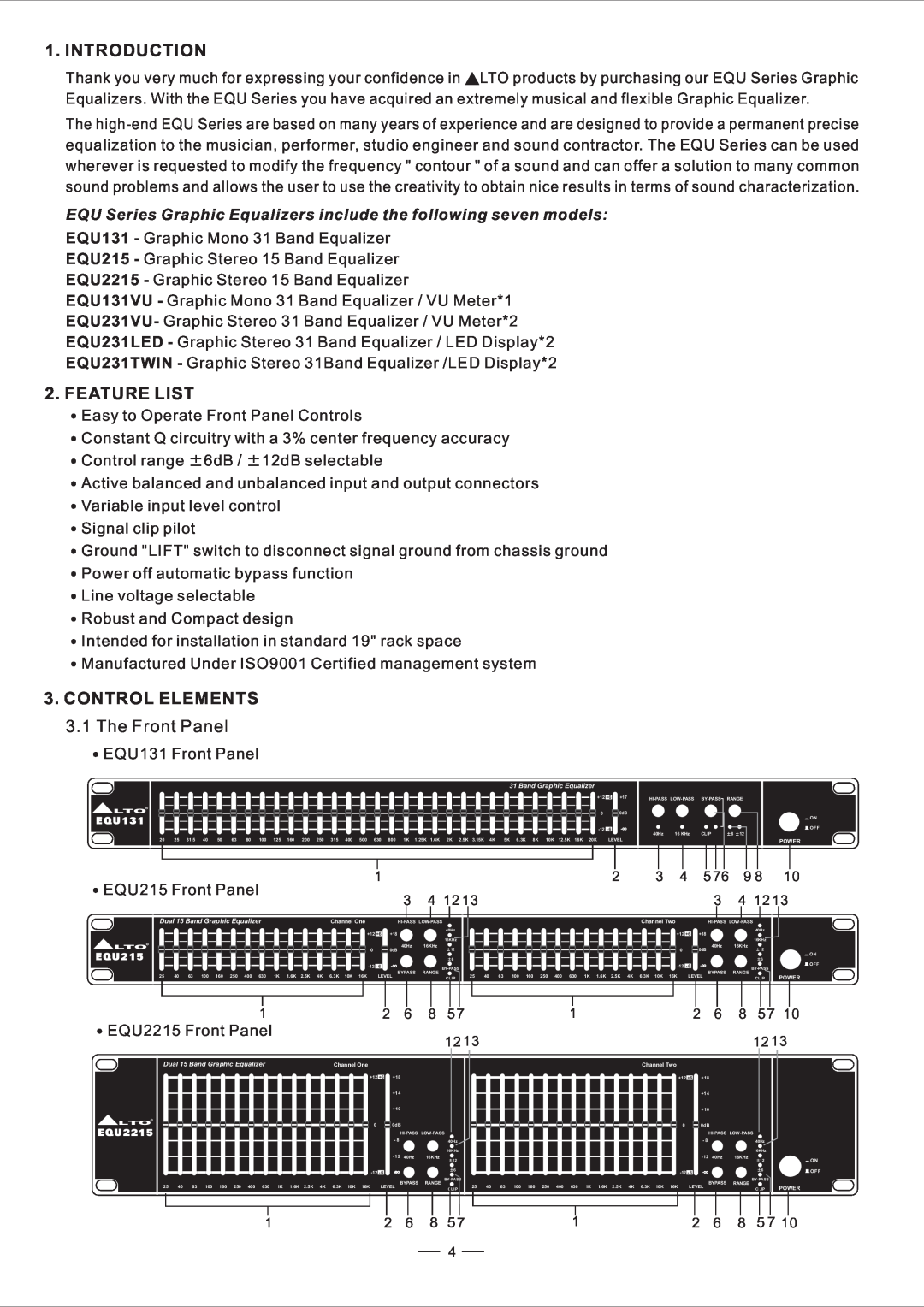 Nilfisk-ALTO EQU user manual Introduction, Feature List, Control Elements, The Front Panel 