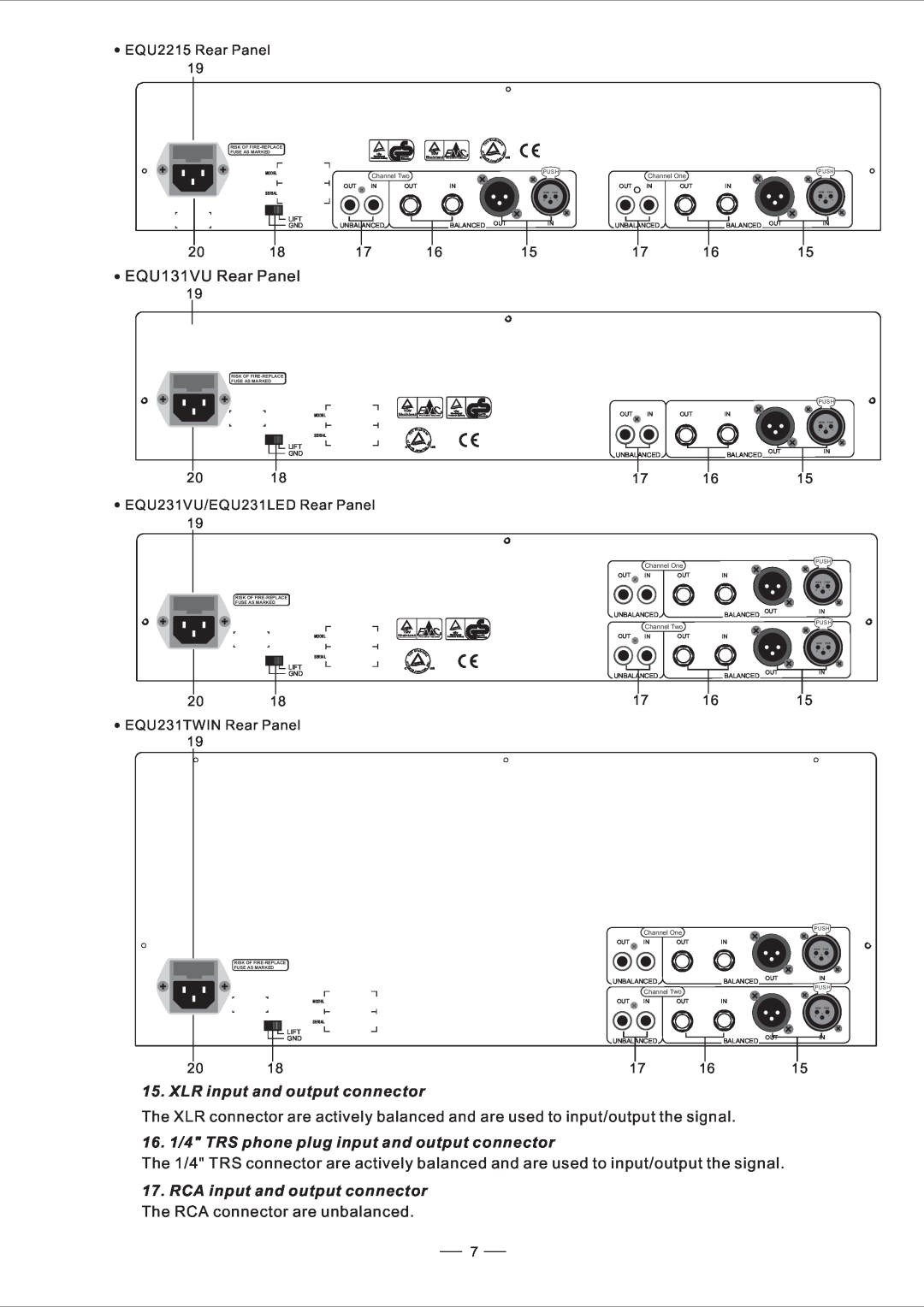Nilfisk-ALTO EQU user manual XLR input and output connector, 16. 1/4 TRS phone plug input and output connector 