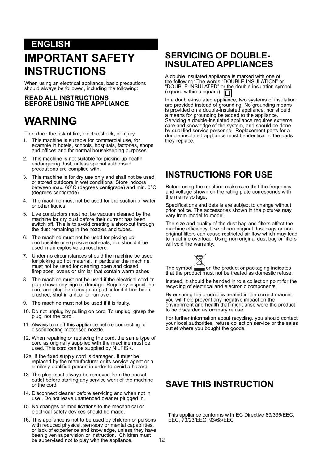 Nilfisk-ALTO GD 10 Back English, Servicing of DOUBLE- Insulated Appliances, Instructions for USE, Save this Instruction 