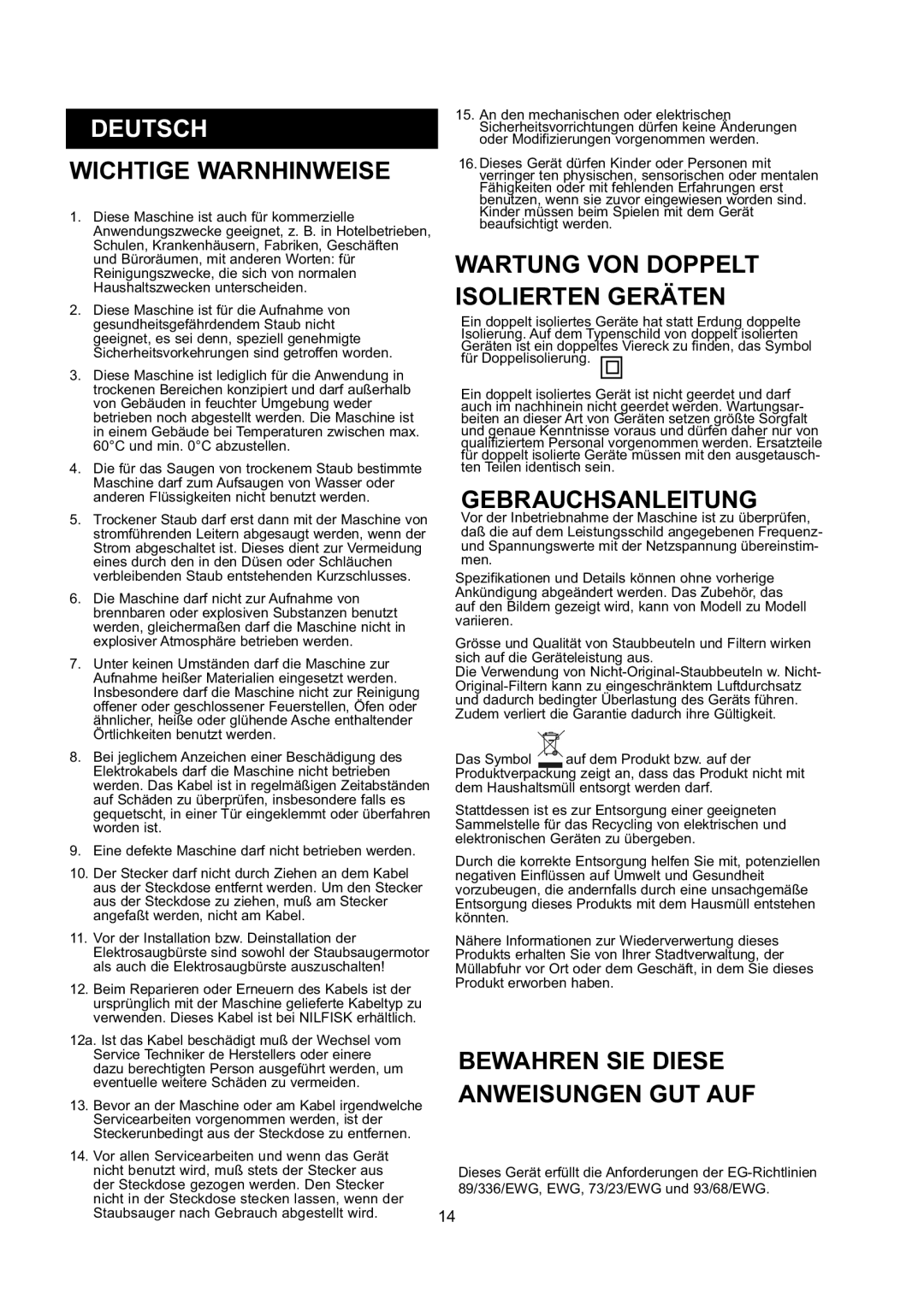 Nilfisk-ALTO GD 10 Back manual Deutsch, Wichtige Warnhinweise, Wartung VON Doppelt Isolierten Geräten, Gebrauchsanleitung 