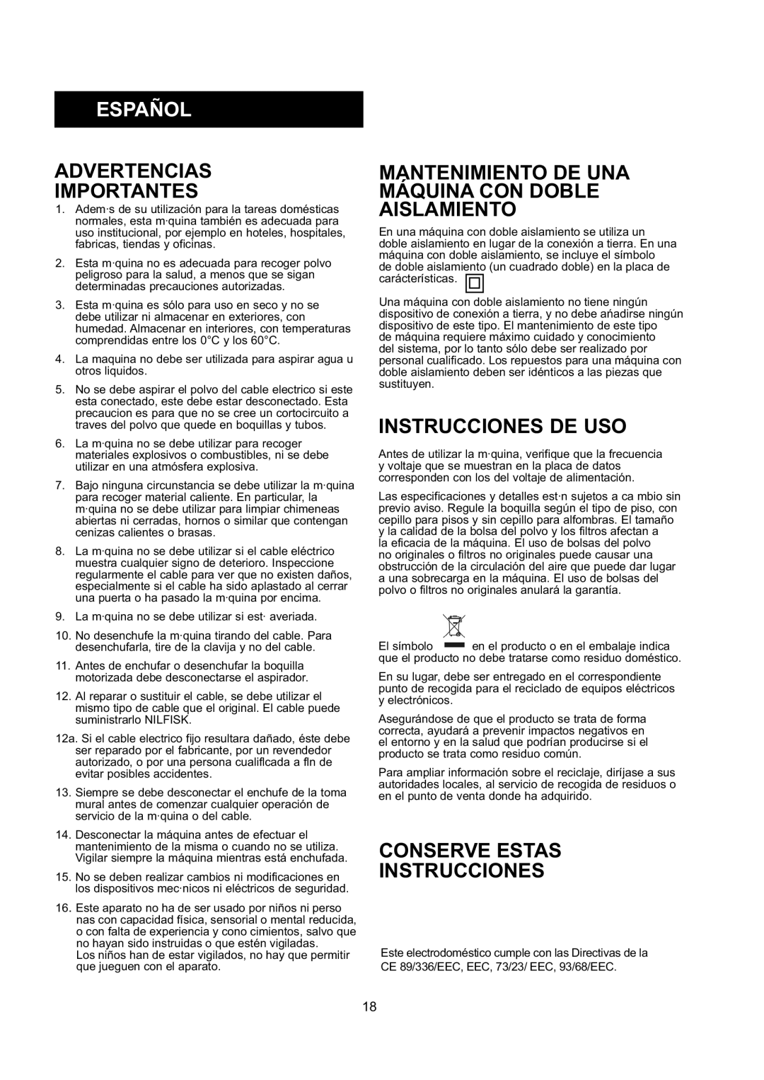 Nilfisk-ALTO GD 10 Back, GD 5 Back Español, Advertencias Importantes, Mantenimiento DE UNA Máquina CON Doble Aislamiento 